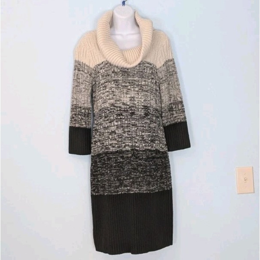 Sandra Darren Cowl Neck Sweater Dress Women's Small Ivory Black Gray Long Sleeve